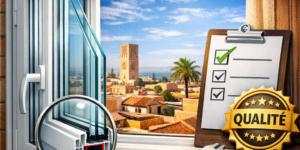 Fenêtre PVC double vitrage au Maroc avec outils de mesure pour vérifier la qualité et l’isolation.