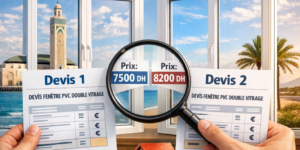Tableau comparatif clair de deux devis pour fenêtres PVC double vitrage au Maroc avec prix et caractéristiques détaillées