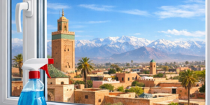 Illustration d'une fenêtre PVC double vitrage avec des icônes de nettoyage et protection solaire, guide d'entretien au Maro