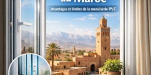 Fenêtre PVC double vitrage avec vue sur paysage marocain, illustrant isolation thermique et phonique en menuiserie PVC.