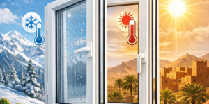 Fenêtre PVC double vitrage adaptée aux climats variés du Maroc pour isolation thermique et confort acoustique.